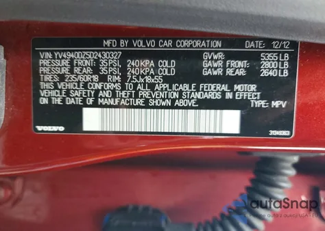 2013 Volvo Xc60 3.2 z USA, uszkodzony, nr VIN YV4940DZ5D2430327